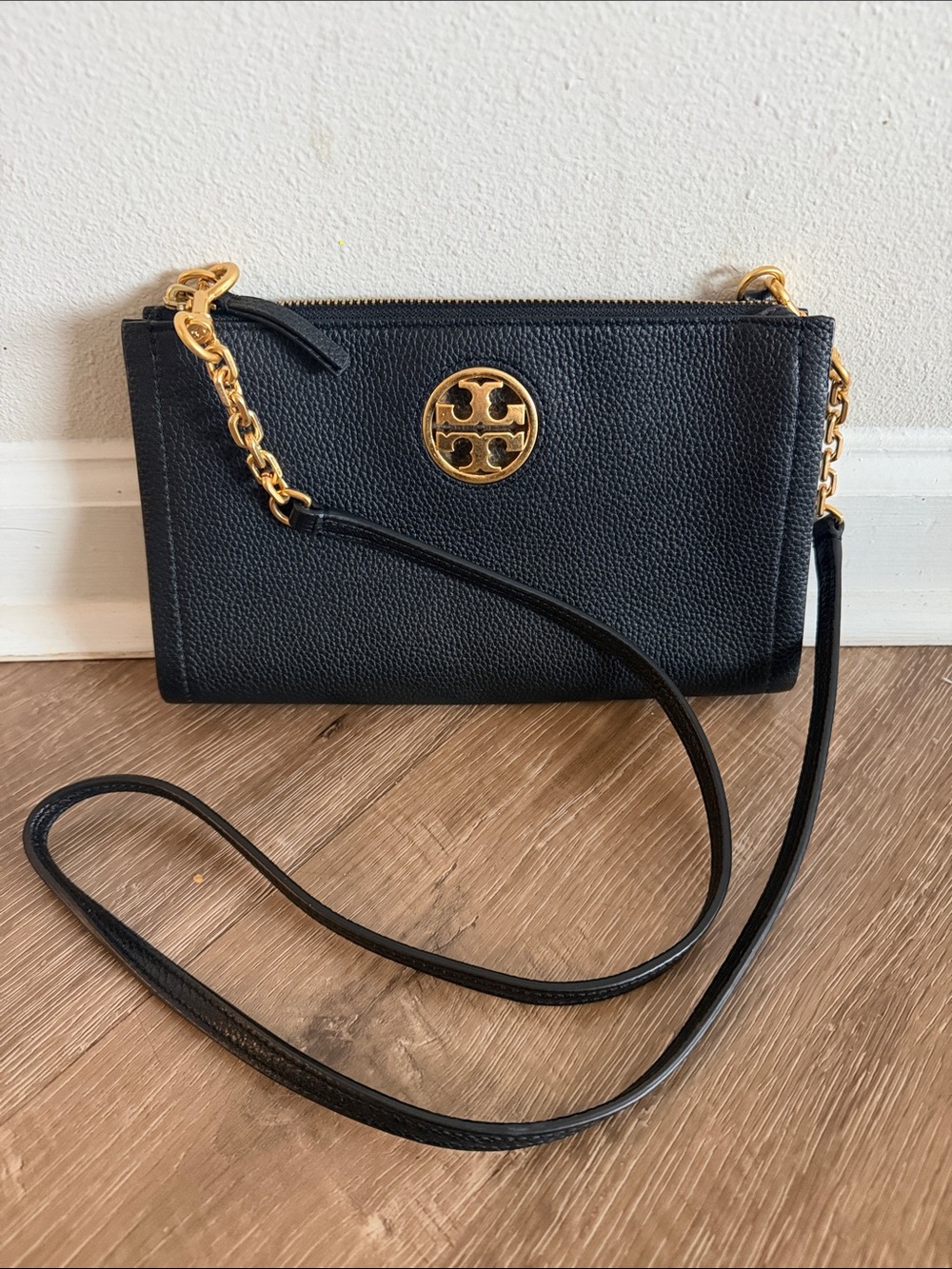 Tory Burch Black Pebbled Leather Chain-Accent Crossbody